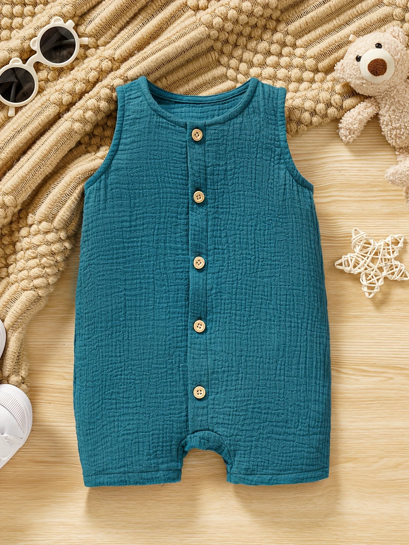 Baby\'s Comfy Cotton Button Front Bodysuit, Casual Solid Color Sleeveless Romper, Toddler & Infant Boy\'s Clothing