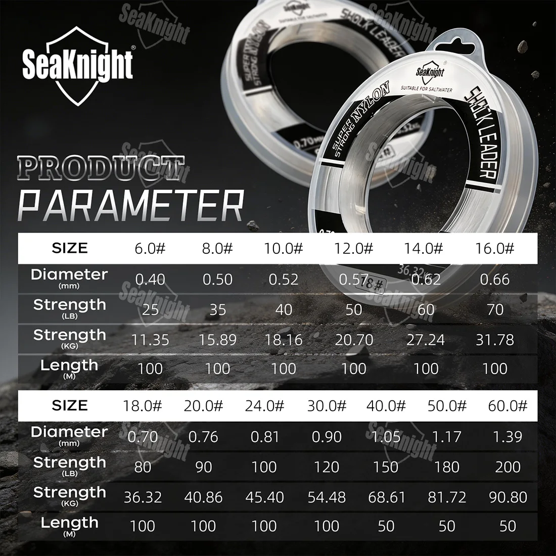 SeaKnight Powerful Nylon Line Big Fish Leader-Line Fluorocarbon Line 50M/100M 6.0#-60# 200LB Carbon Line Fly Fishing Leader Line