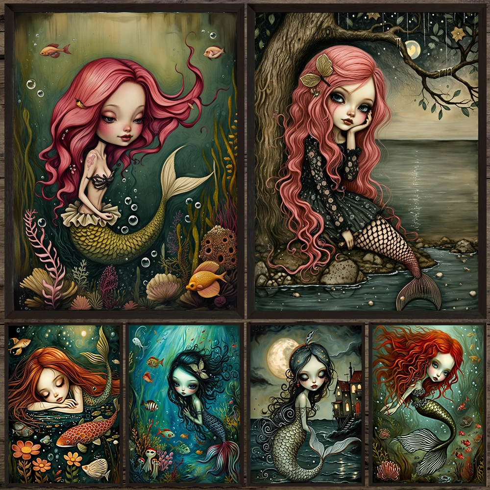 

Beautiful Red-Haired Mermaid Girl Abstract Wall Art Canvas Painting,Fantasy Magic Creature Art Poster Print Home Decor Unframed