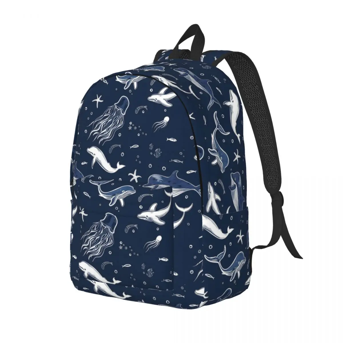 Sea Animals White Lines Dark Blue Background Student Backpack School Bag Hiking Travel Daypack Fashion Bookbag Shoulder Bags