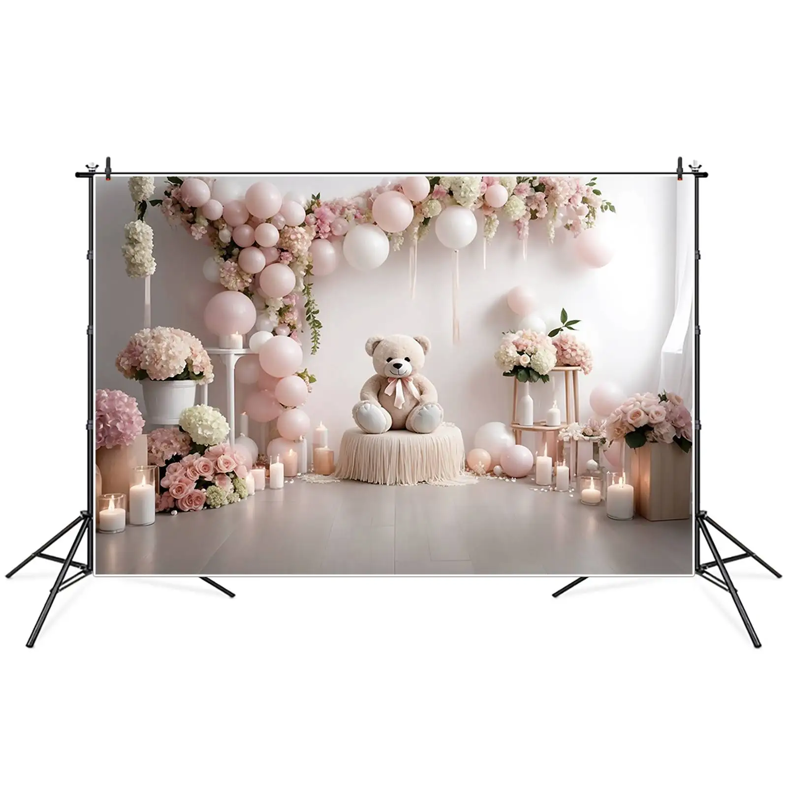 MOON.QG-telón de fondo con diseño de oso de peluche, accesorio de fotografía personalizado para fiesta de cumpleaños, guirnalda con globos florales para niña