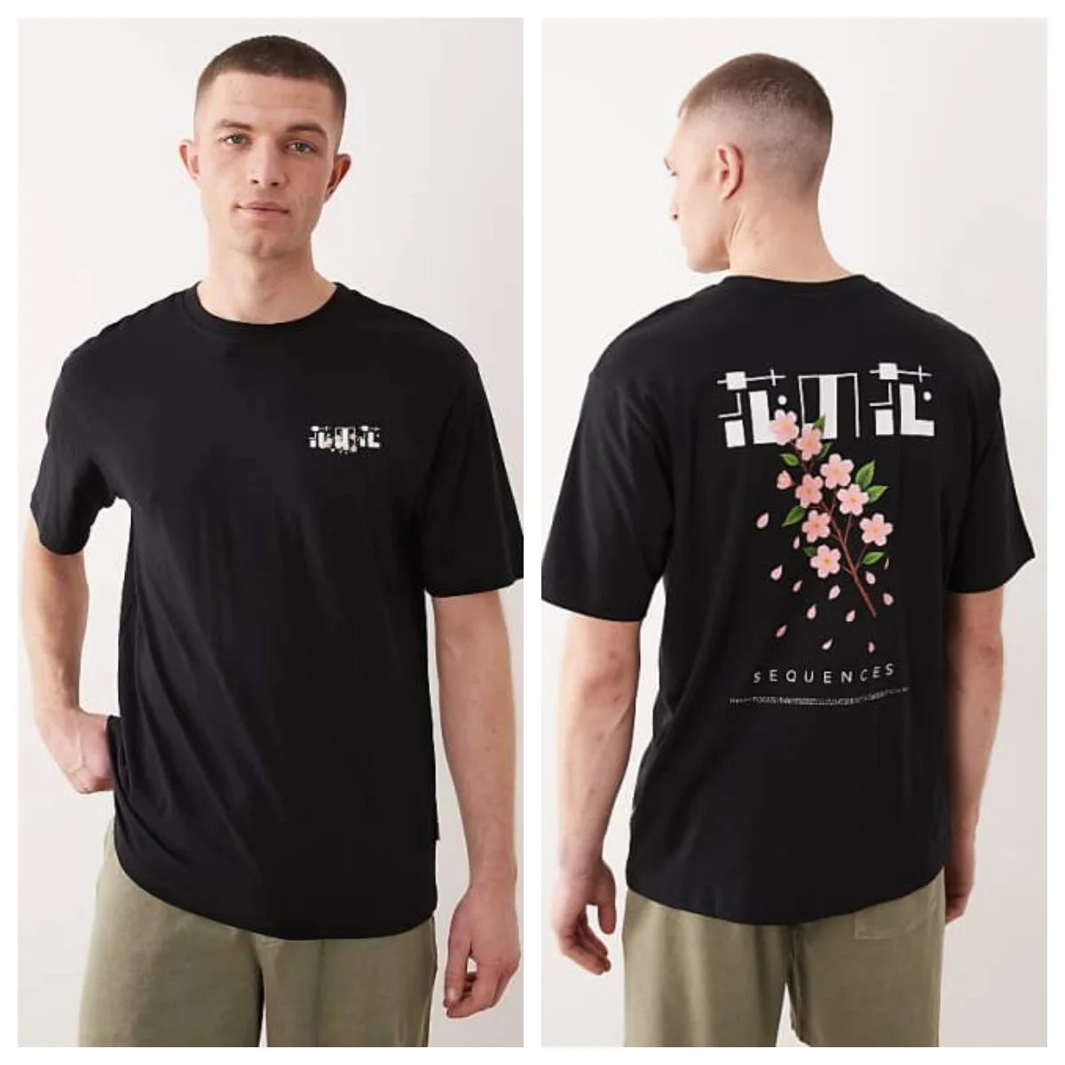 Oversized Fit T-shirt with Blossom Back Print in Black High-end Luxury Unisex Style Both of Men and Women
