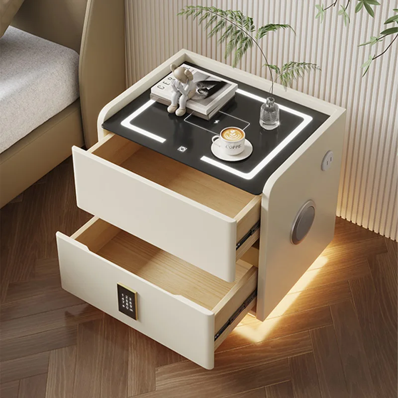 Intelligent Solid Wood Bedside Table with Wireless Charging Modern Style 2 Drawers Nightstand with Lock Home Side Cabinet