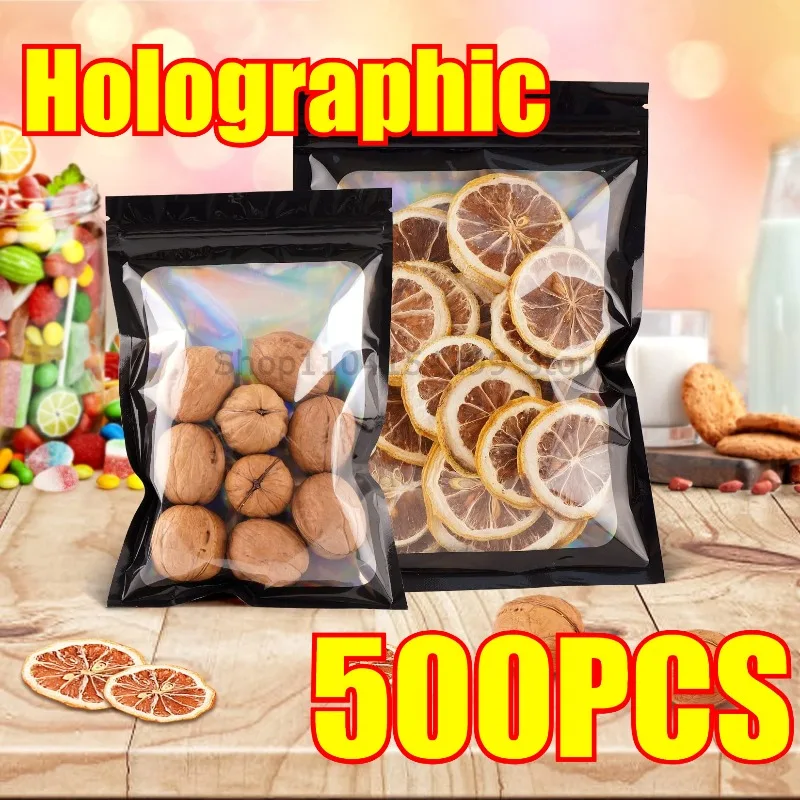 500 Stück holografische Druckverschlussbeutel aus Kunststoff, laser schillernde Reißverschlusstaschen für Maniküre, Wimpern, Display, Ohrringe, Ring, Schmuck, Aufbewahrungstasche