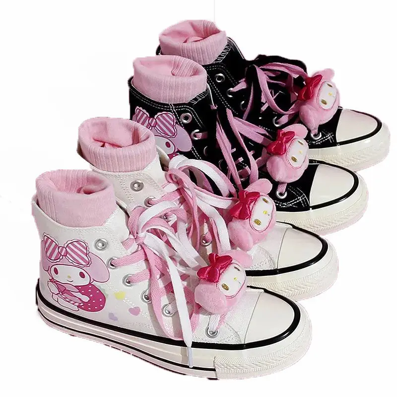 Anime My Melody 캔버스 신발 만화 캐주얼 학생 워킹 하이 탑 신발 성인 여성을위한 스포츠 플랫 신발