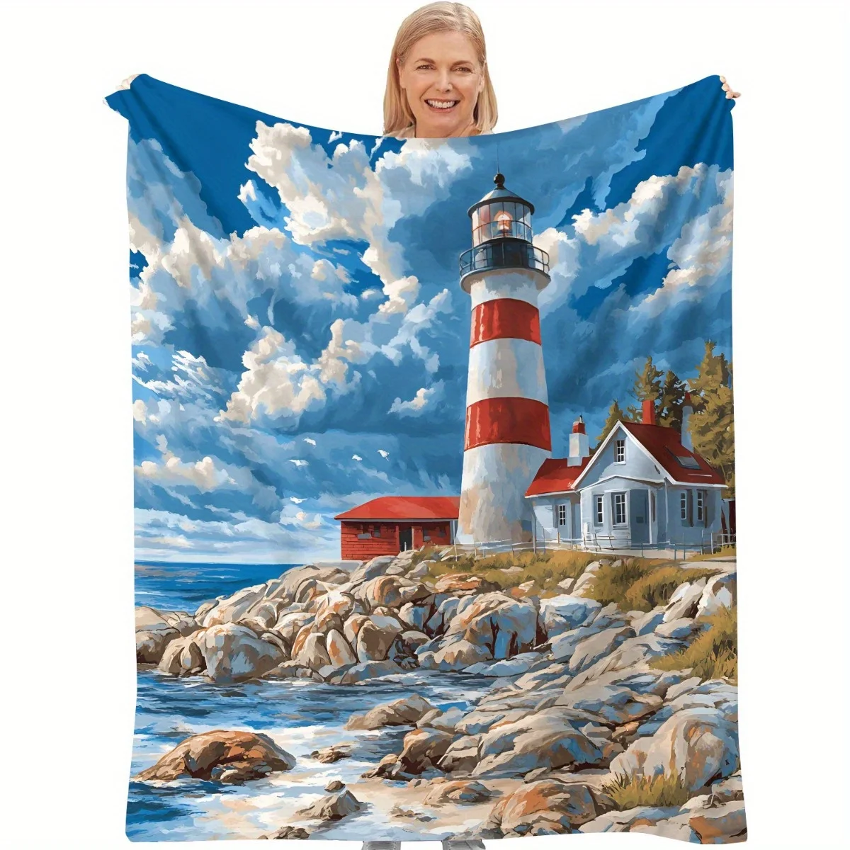 Lighthouse and Coastal Scenery Flannel printed blanket suitable for all seasons suitable for living room office sofa and travel