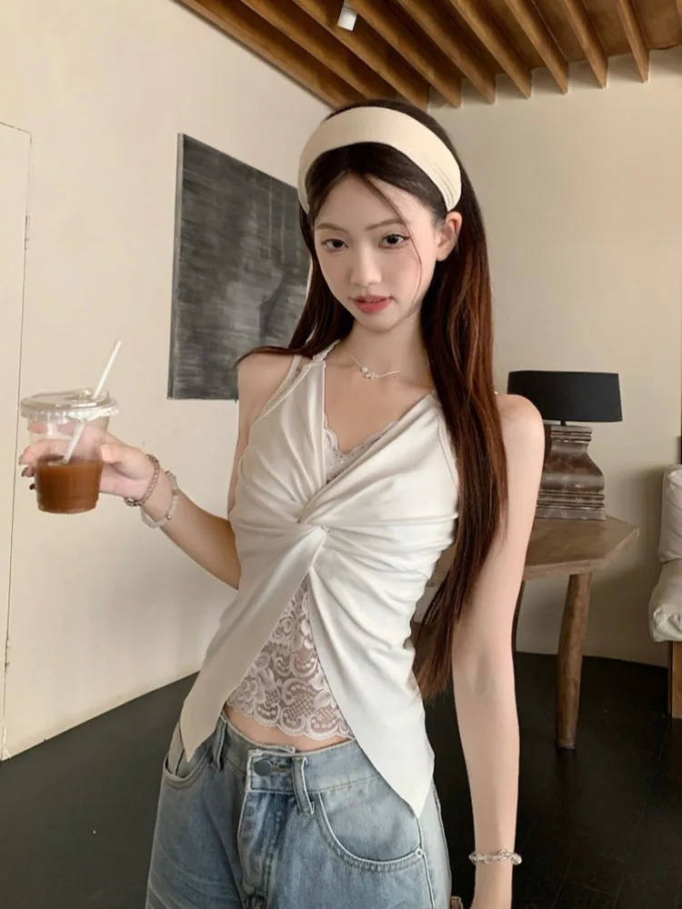 

Сексуальный жилет в стиле Pure Desire с ветром, кружевной жилет с шейным ремешком, женский трендовый топ из двух предметов для летних каникул