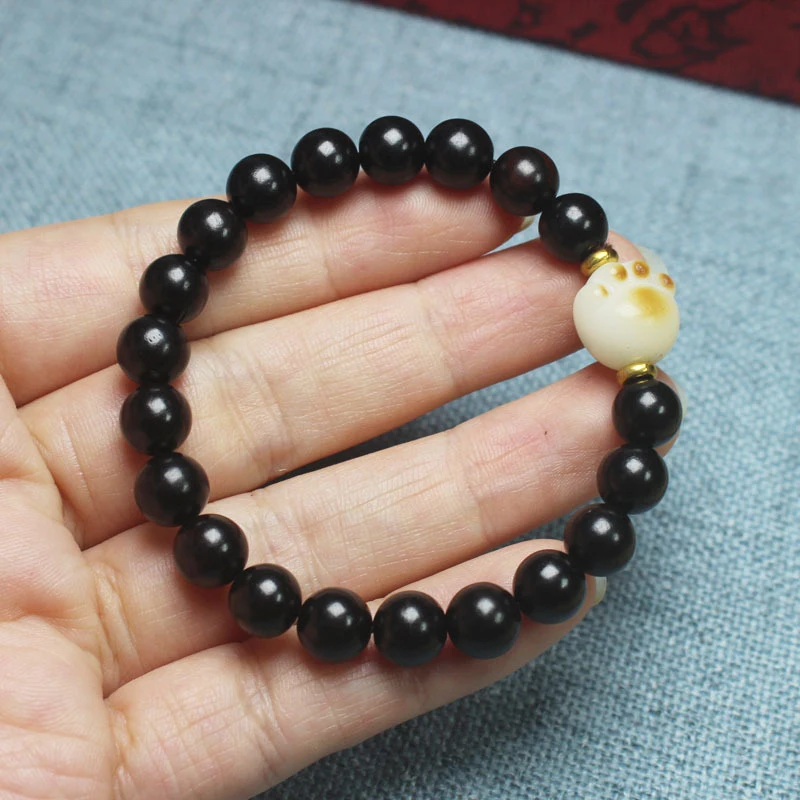 

Ebony 8mm Bracelet with White Jade Design, Charcoal Burned Cat Claw Women's Buddhist Prayer Beads Jewelry