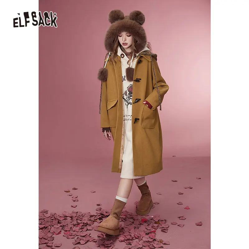 ELFSACK Plus Size Hoodied Coats Women 2023 Winter New Korean Fashion Mid-length Outwears