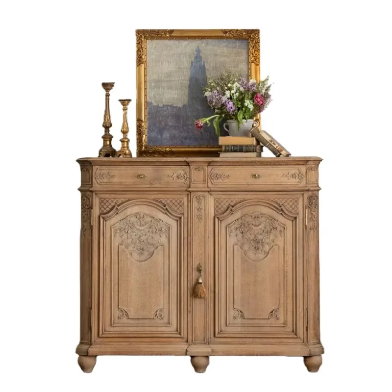 Solid wood locker, hand-carved, with two drawers, suitable for living room and dining room cabinets
