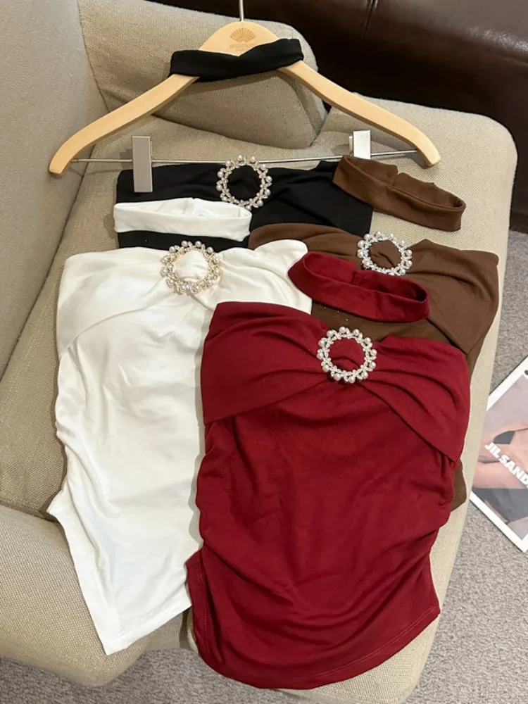 

Sexy Slim Fit Diamond Buckle Tube Top Women's Summer Fashionable Versatile Knitted Vest with Chest Pad Korean Style Citywalk