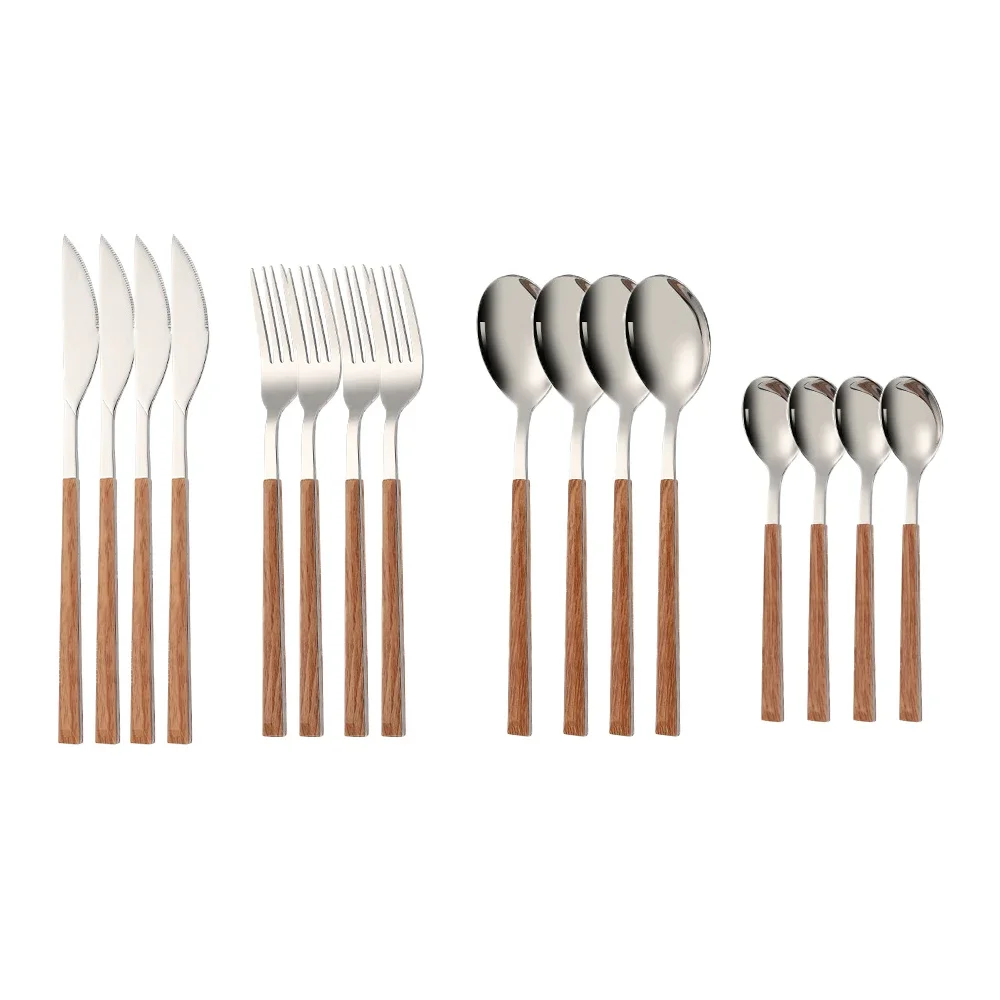 

16pcs Stainless Steel Imitation Wooden Handle Cutlery Set Dinnerware Clamp Western Tableware Knife Fork Tea Spoon Silverware