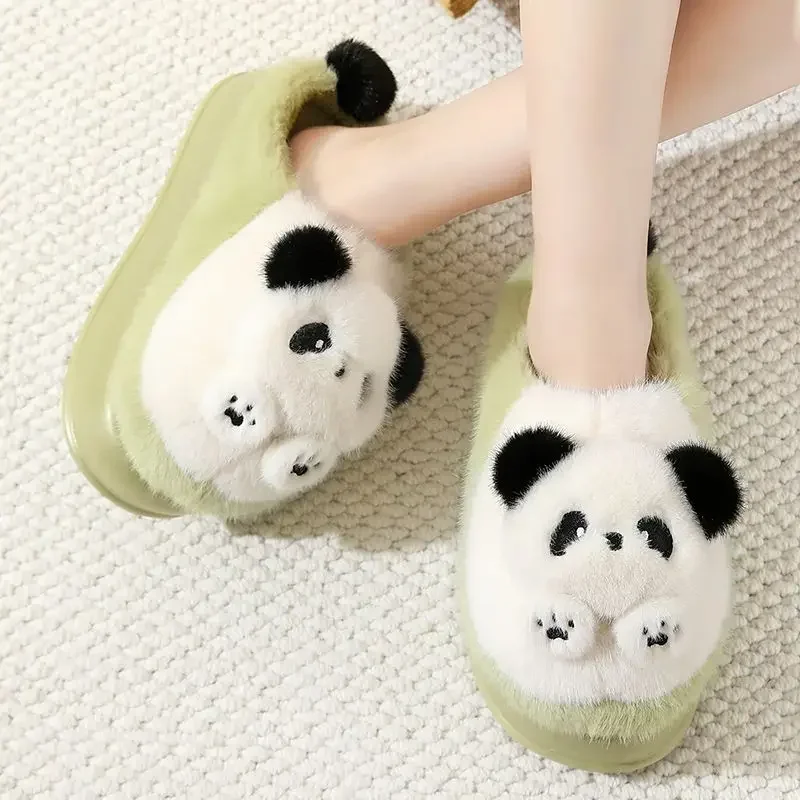 Mulheres inverno panda chinelos 2025 novos sapatos de casa de pelúcia senhoras chinelos de plataforma peluda senhoras antiderrapantes chinelos de algodão de salto alto