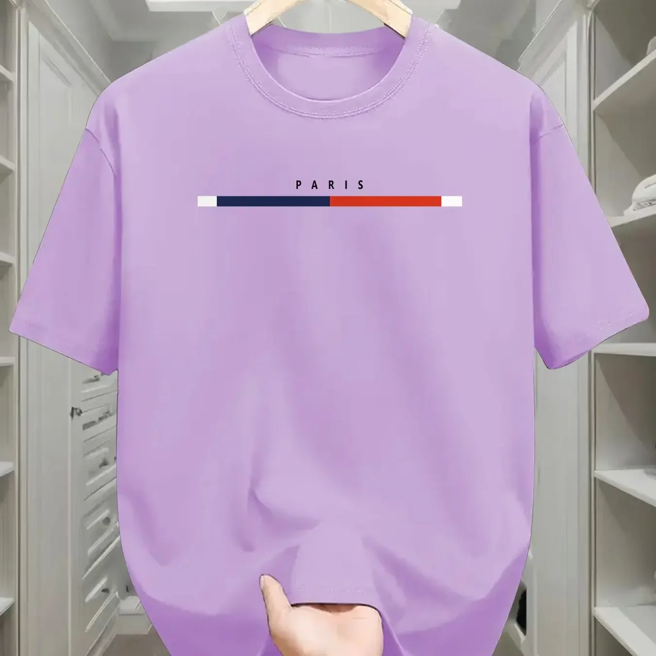 تي شيرت صيفي للرجال بطبعة جرافيك باريس - تي شيرت كاجوال بأكمام قصيرة ورقبة دائرية مع خطوط زرقاء وحمراء