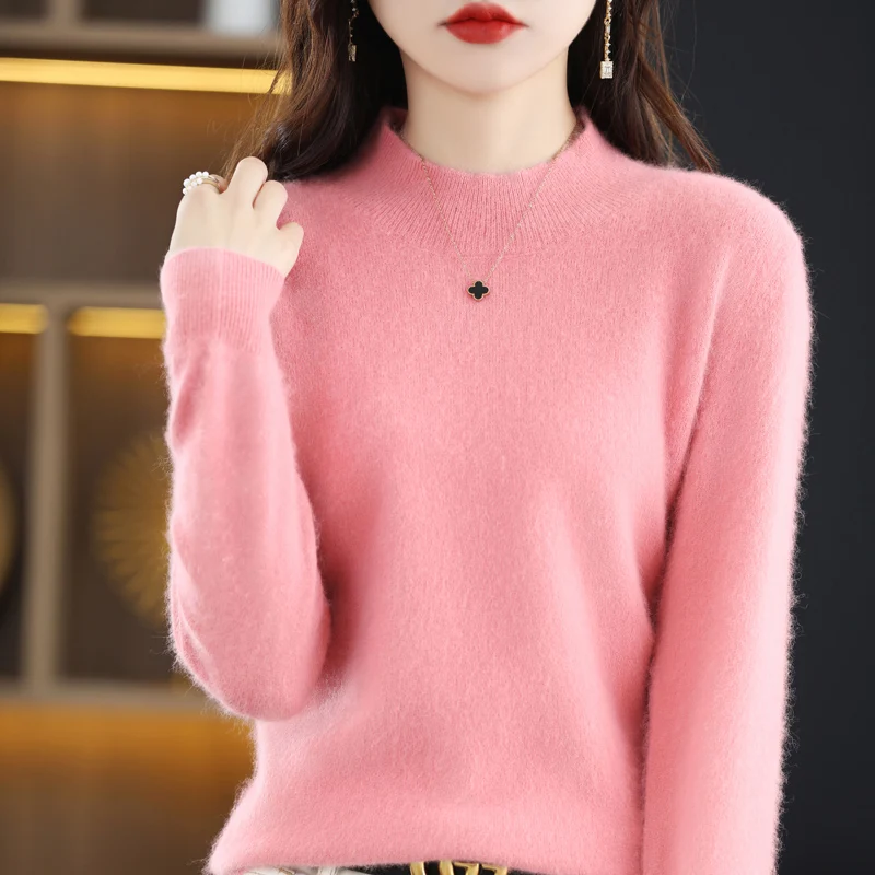 Seamless Women\'s Pullover Sweater Mink Cashmere Knitted Half High Neck Long Sleeve Slim Fit Top Autumn/Winter New Korean Edition