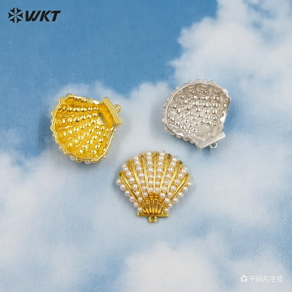 

WT-MP313 Модный кулон из латуни с золотым и серебряным покрытием и искусственным жемчугом в форме ракушки для женщин, аксессуары для создания украшений своими руками