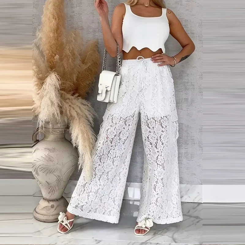 

Summer New Loose Commute Trousers Women Solid Color Elastic Waist Hollow Out Straight Pants Fashion High Waist Lace Long Pants