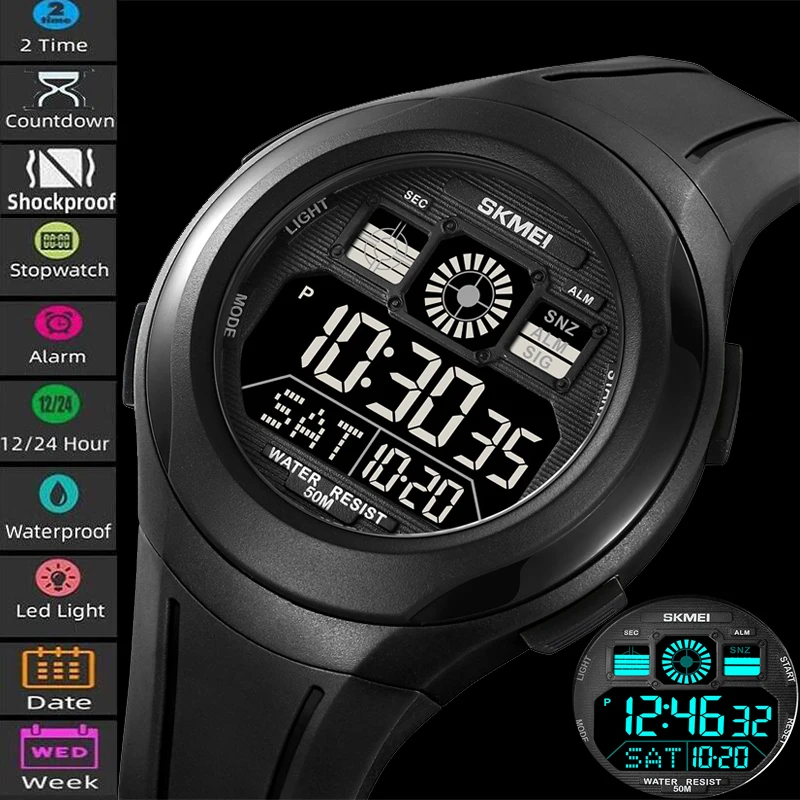 

Skmei Fashion Dual Time Men's Led Chronograph Watches TPU Strap 50M Waterproof Alarm Clock Digital Sport's Wristwatch