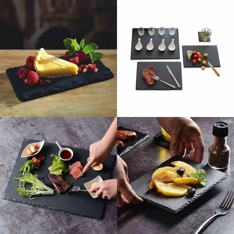 Rectangle Slate Flat Bottom Fruit Plate Black 8x12 Inches Natural Stone Serving Tray for Cheese Appetizer Dessert Home