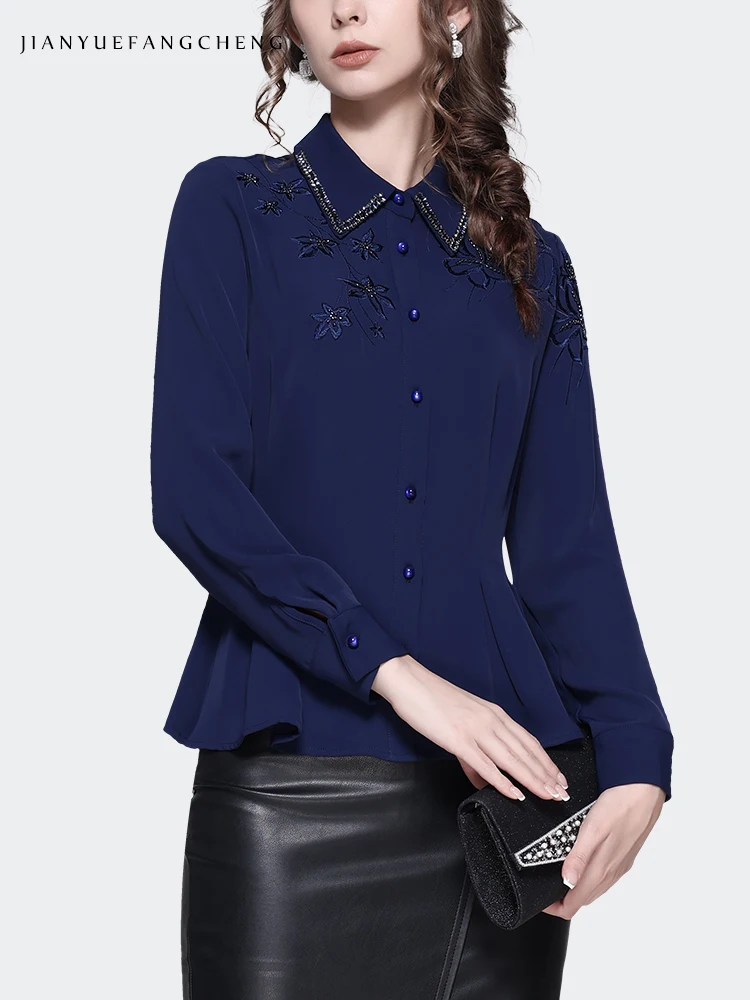 Vintage Embroidered Beaded Women Autumn Blue Pointed Collar Shirt Long Sleeve Elegant Slim Button-down Tops Casual Office Blouse