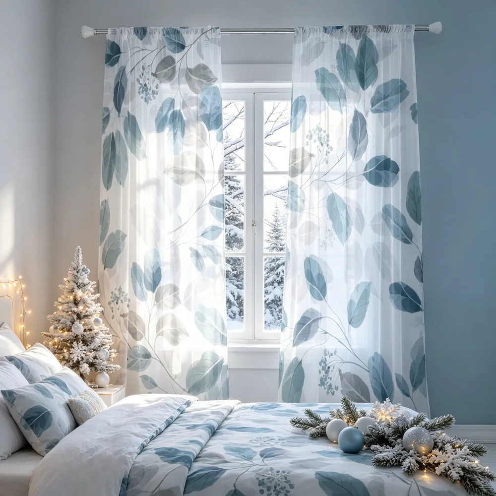 2PCS Sheer Curtains, Light Blue Watercolor Foliage Print, Bedroom Living Room Window Drapes, Rod Pocket Polyester, Home Decor