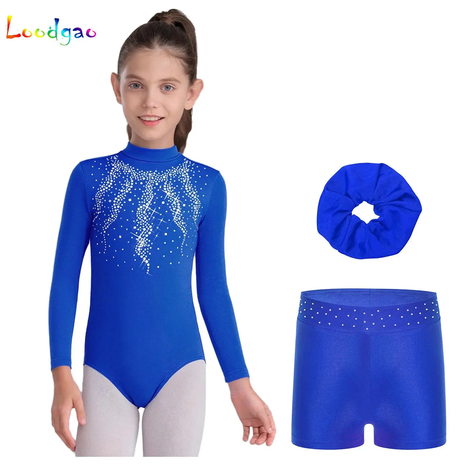 

Комплект из 3 предметов для девочек: гимнастический купальник с длинным рукавом и воротником-стойкой, шорты и повязка для волос для выступлений по фигурному катанию и балету