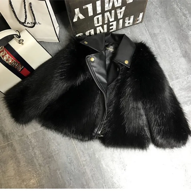 Kids Faux Fox Fur Jacket Short Thickened Biker Coat Leather & Fur Blend Outerwear for Boys Girls