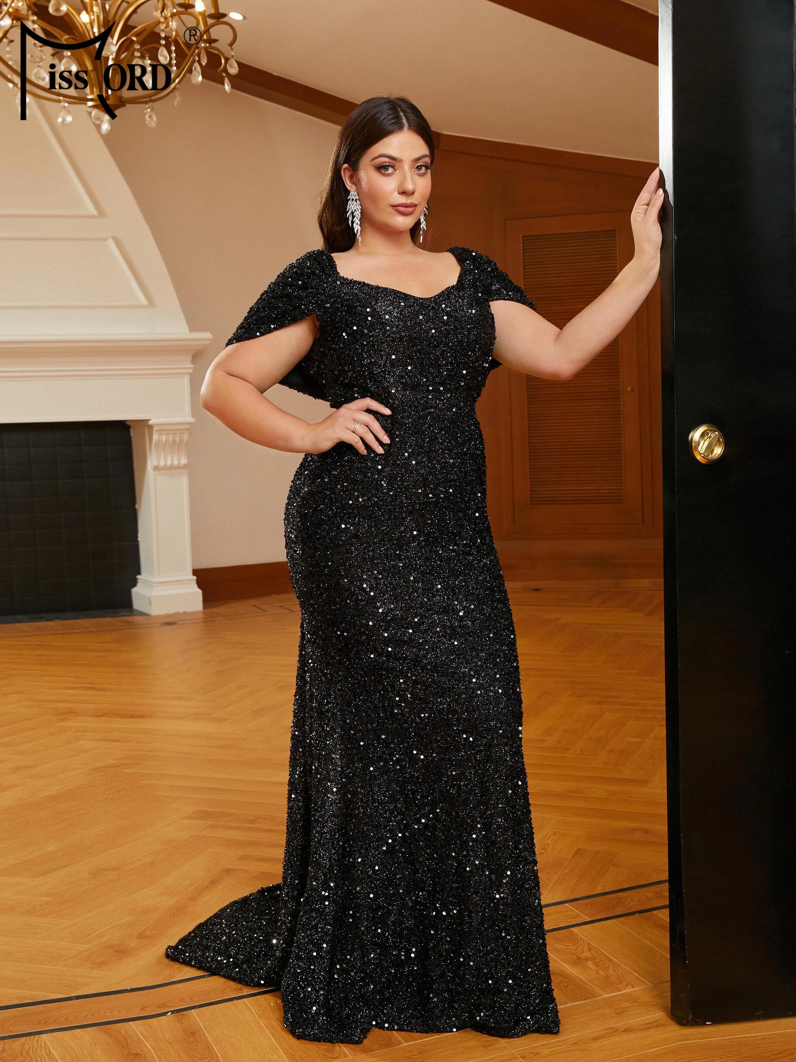 Missord New Plus Size Black Draped V-neck Short Sleeved Sequin Mermaid Evening Floor Length Dress