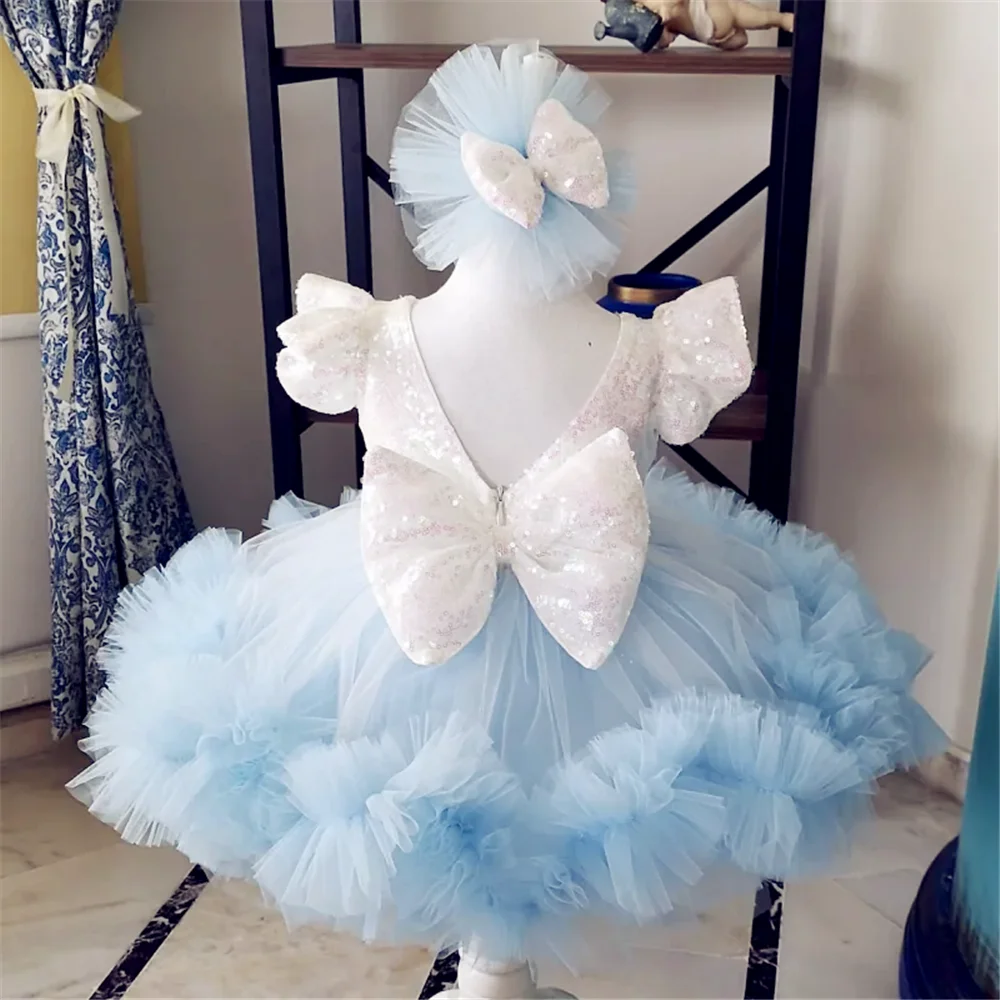 Blue Angel Flower Girl Dresses Tulle Sequin Bow Short Sleeve For Wedding Kids Birthday Gift Party Princess First Communion Gown