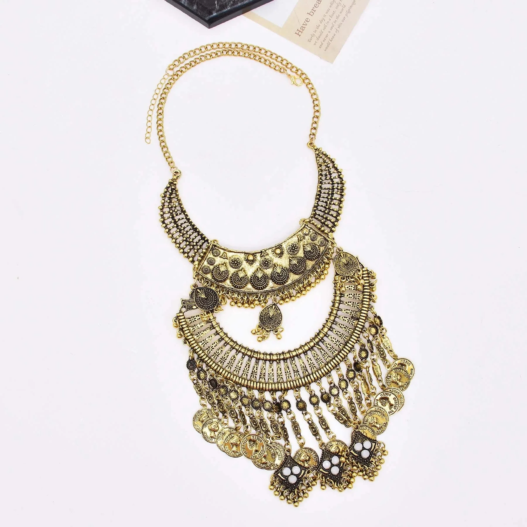 

Retro Gold Plated Gypsy Coins Tassel Necklace For Women Ethnic Tribal Style Multi Layer Collar Bib Choker Jewelry accessory