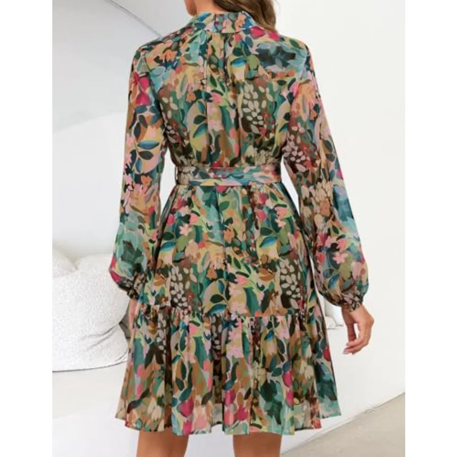 ZESICA Gaun Mini Wanita Motif Bunga Musim Semi Musim Panas Lengan Panjang Kancing Chiffon A-Line Swing Pendek untuk Pesta Pernikahan