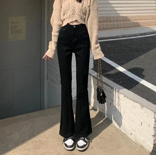 봄 시즌 새로운 하이 웨이스트 탄성 블랙 청바지 여성용 스트레이트 레그 벨 보텀 마이크로 플레어 레귤러 길이 코튼 바지 Best5 봄 시즌 새로운 하이 웨이스트 탄성 블랙 청바지 여성용 스트레이트 레그 벨 보텀 마이크로 플레어 레귤러 길이 코튼 바지 Best5