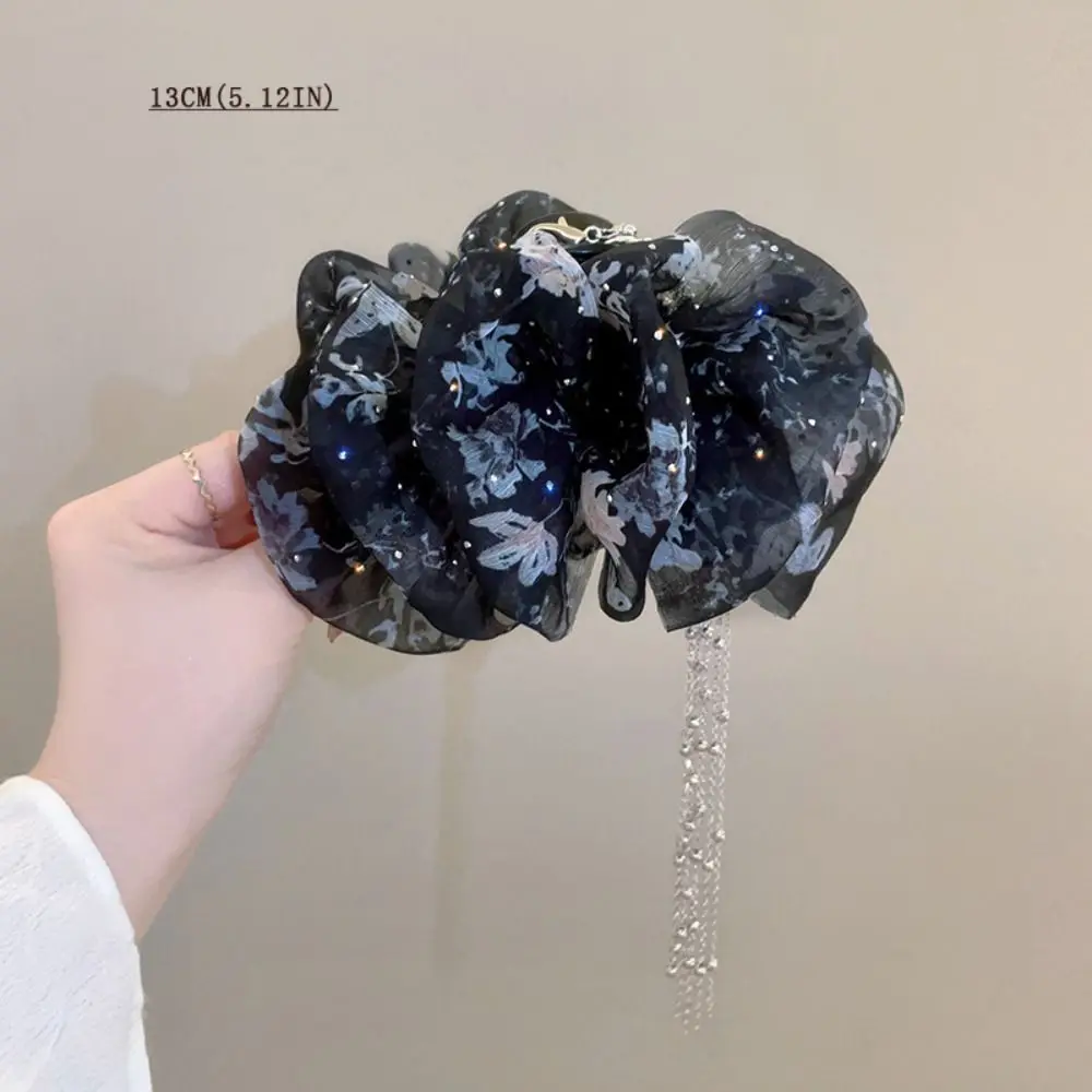 Horquillas con lazo de tela para mujer, cadena de diamantes de imitación de malla, Clip de agarre con borlas, accesorios para el cabello multicapa, Súper Hada dulce