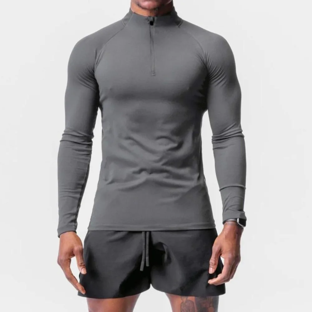 Mens Slim Muscle Active Sports Fit Long Sleeve T Shirts Quick Drying Tee Tops Half High Collar Outdoor Gym Sports T-shirt