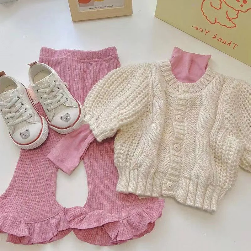 

Girls' autumn set 2024 new net red fashion children's knitted coat base shirt flare trouser set 80-130cm