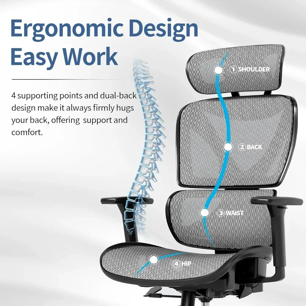 Sedia da ufficio ergonomica, sedia da scrivania in rete con supporto lombare, braccia 3D regolabili, poggiatesta reclinabile e sedile grande-grande e Tal