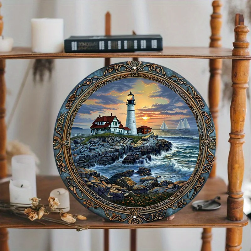 Round Aluminum Metal Sign Art Set, Waterproof HD Printed Lighthouse Seaside Design, Pre-drilled, Weather Resistant Wall Decor