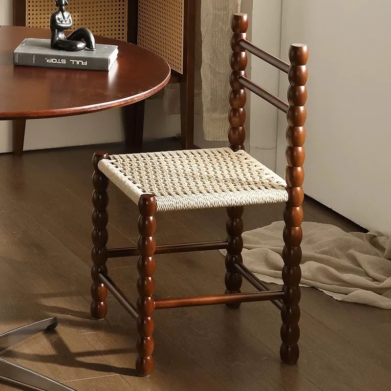 Celebrity Backrest Gourd Small Stool French Light Luxury Solid Wood Dining Chair Japanese Design Retro Rope Braided Chair