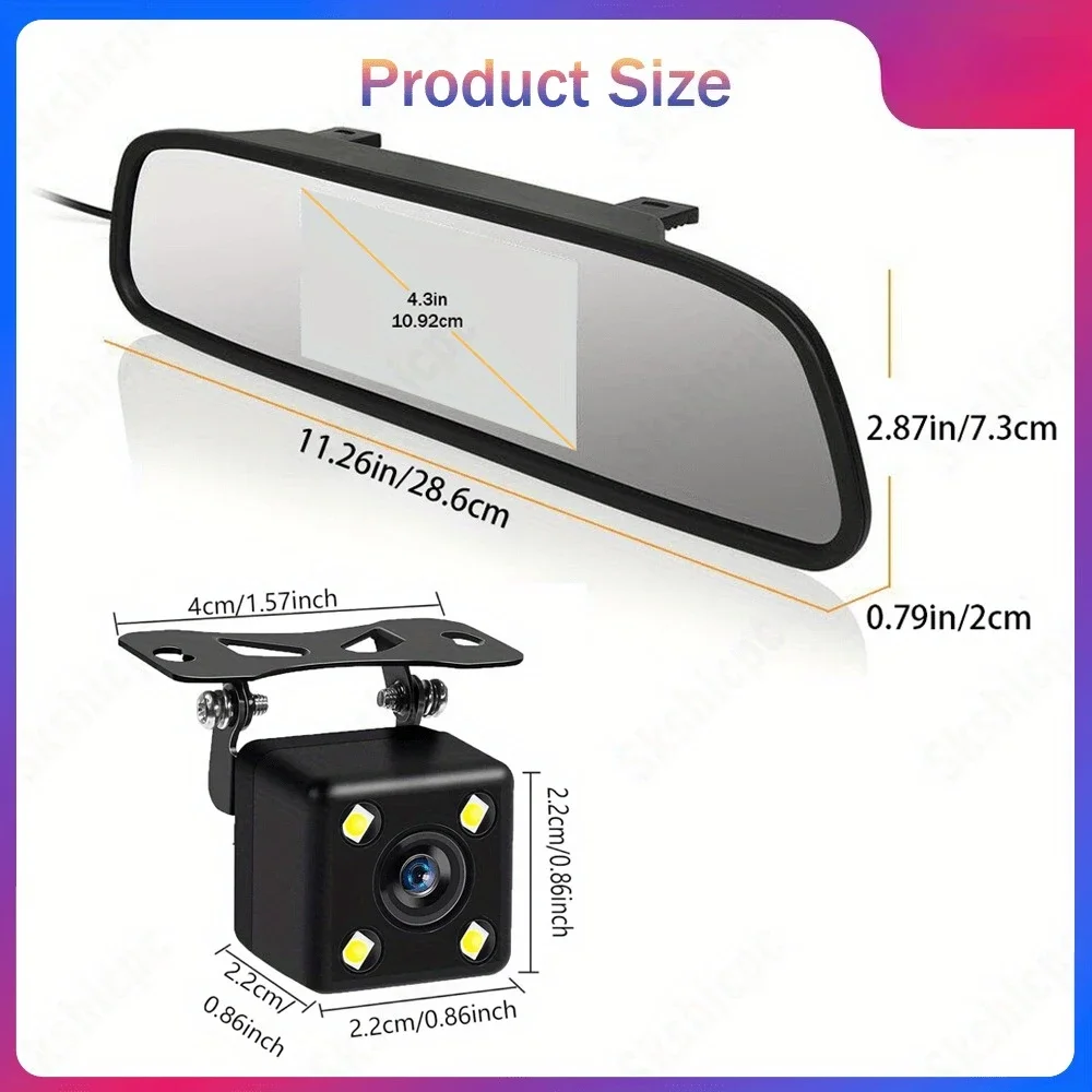 4.3-Inch Rearview Mirror and Backup Camera - Crystal Clear Night Vision, Rearview Camera with 4 Lights, for Cars, Pickup Trucks,