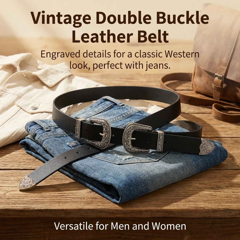 Unisex Embossed Buckle Belt Retro Double Buckle Design Versatile Jeans Belt For Men And Women Durable Leather Adjustable Length