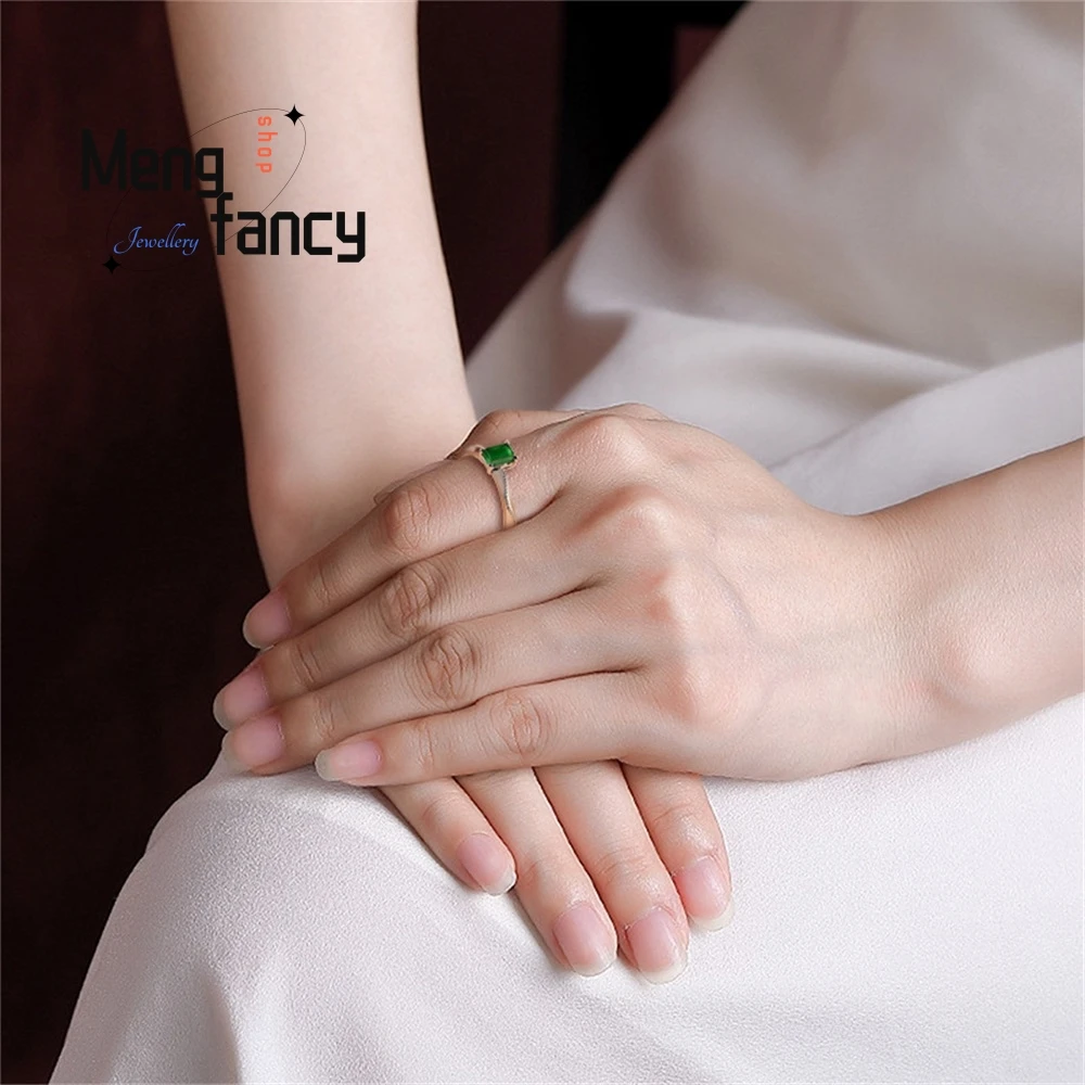 แหวนเงินแท้ S925 หยกธรรมชาติ เกรด A สีเขียวสดใส ทรงลูกบาศก์เล็ก แหวนหยกทรงน้ำแข็ง แหวนแฟชั่นสำหรับผู้หญิง