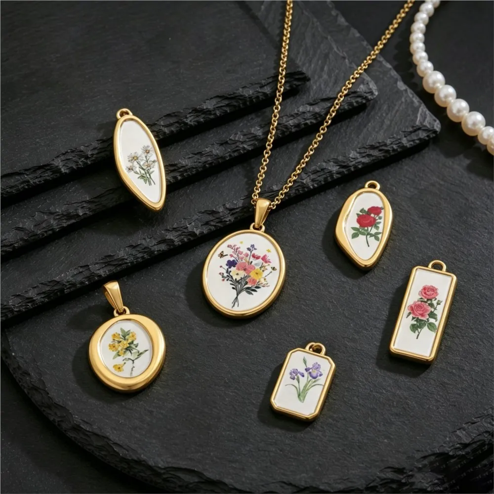 2pcs Enamel Rose Dried Flower Charms Stainless Steel Gold Pendant for DIY Necklace Earring Jewelry Making Findings Wholesale image 4