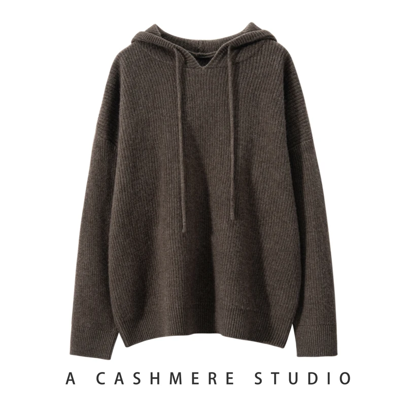 2023 Winter New 100% Pure Cashmere Sweater Women Knitted Hooded Pullovers Loose Lady\'s Grade Up Long Sleeve Thicken Warm Tops