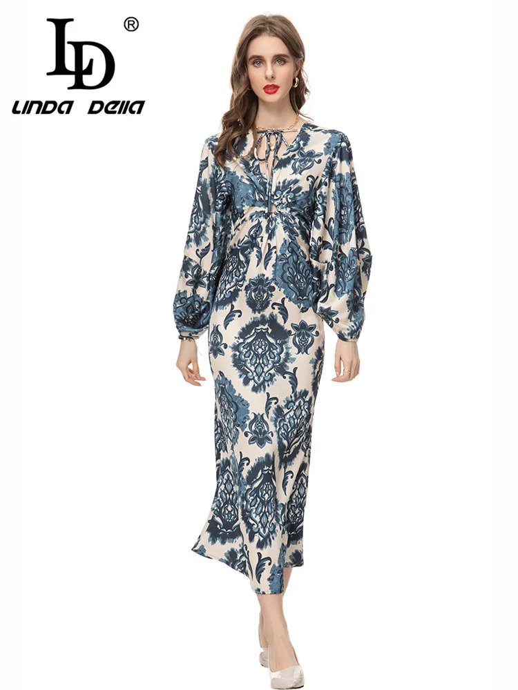 LD LINDA DELLA 2024 Autumn Vintage Designer Dress Women's Flower Color Hollow Out Tie leader Print Slim Fit Loose Dress