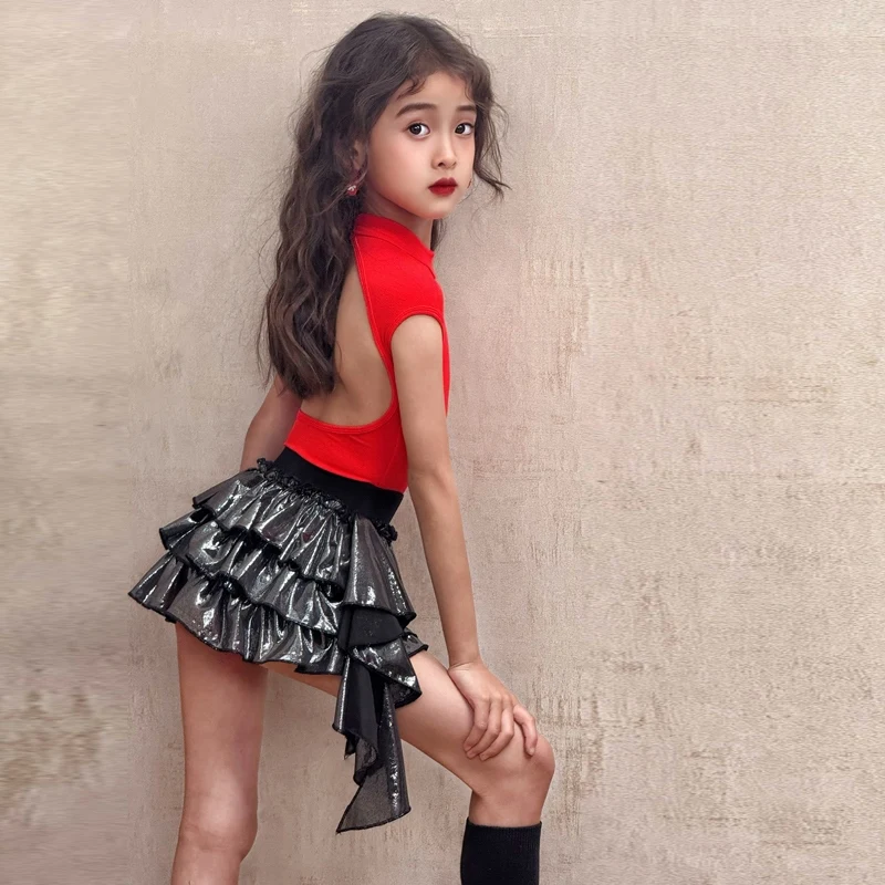 패션 소녀 라틴 댄스 의상 레드 라틴 탑 레이저 스커트 어린이 삼바 룸바 볼룸 댄스 대회 드레스 SL12599