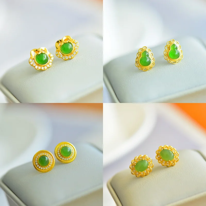 

Natural Hetian Jade S925 Sterling Silver Inlaid Jadeite Earrings Studs Drops Hoops