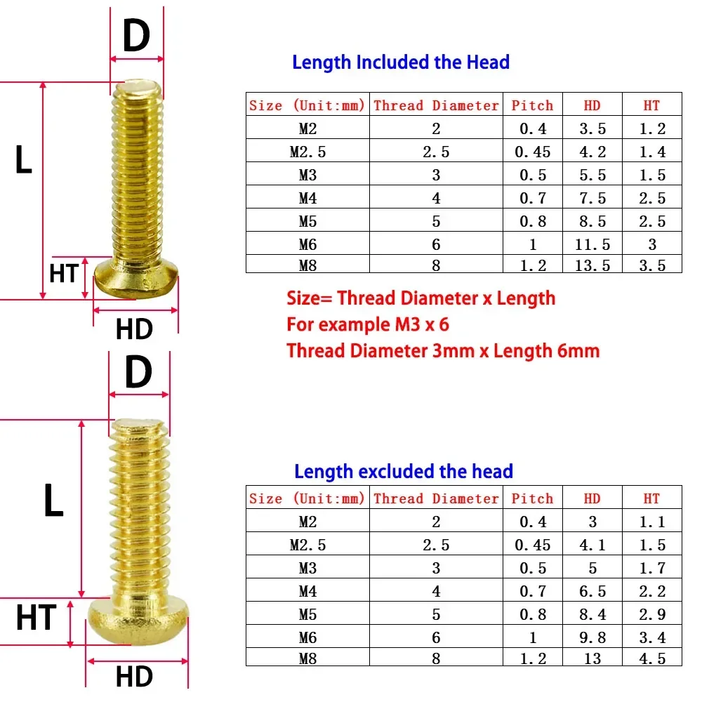 M2 M2.5 M3 M4 M5 M6 M8 Brass Phillips Screw Metric Threaded Bolts Cross Pan Screws Countersunk Flat Head Copper Matchine Screew