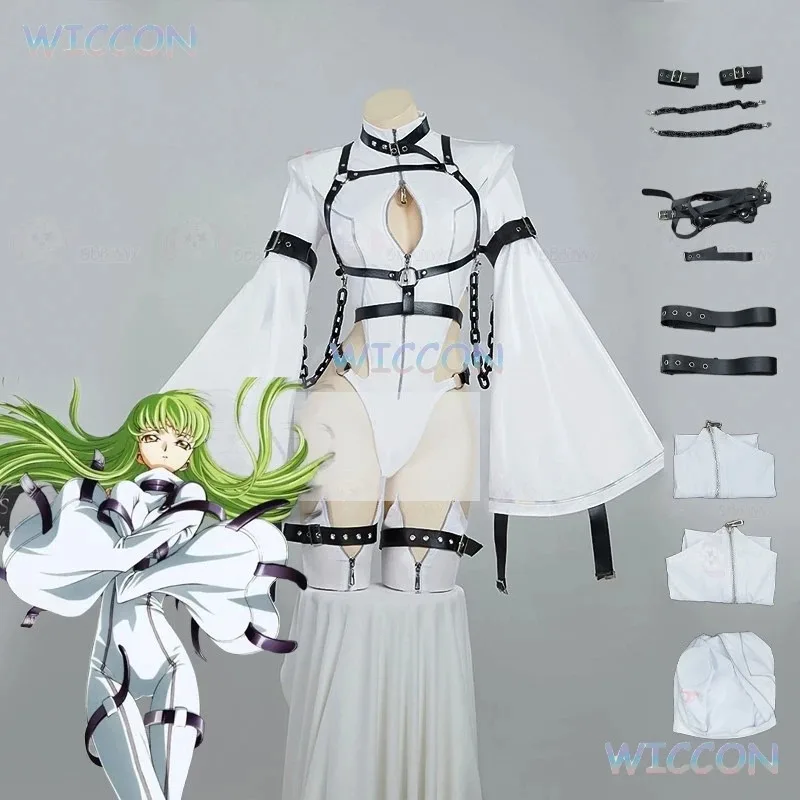بدلة Doujin CC موحدة أنيمي كود C.C. شعر مستعار تنكري Geass بدلة معركة بيضاء لحفلة الهالوين للنساء والفتيات