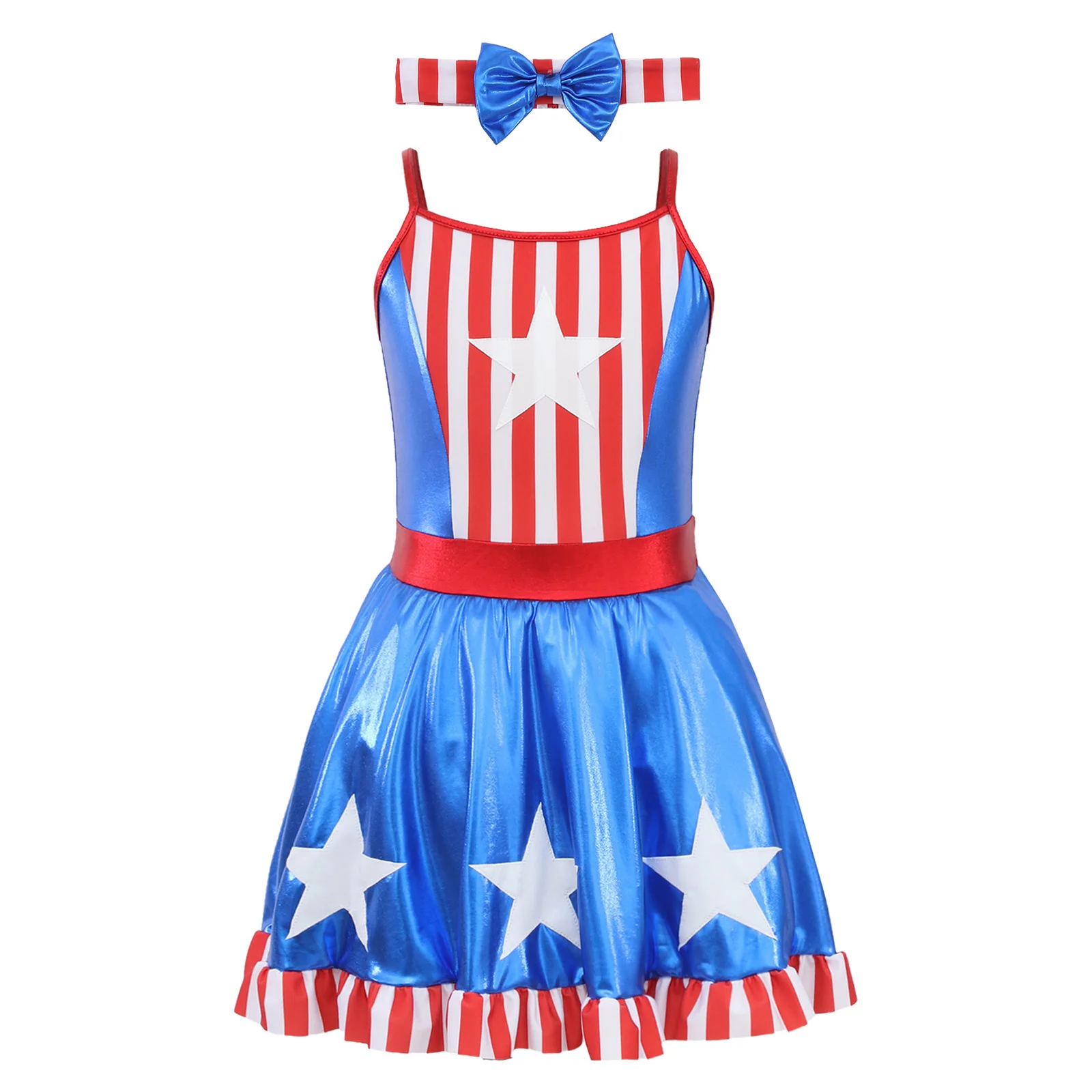 Conjunto de leotardo y diadema con lazo para niñas, para el Día de la Independencia del 4 de julio, ideal para la escuela, recitales patrióticos y espectáculos de talento.
