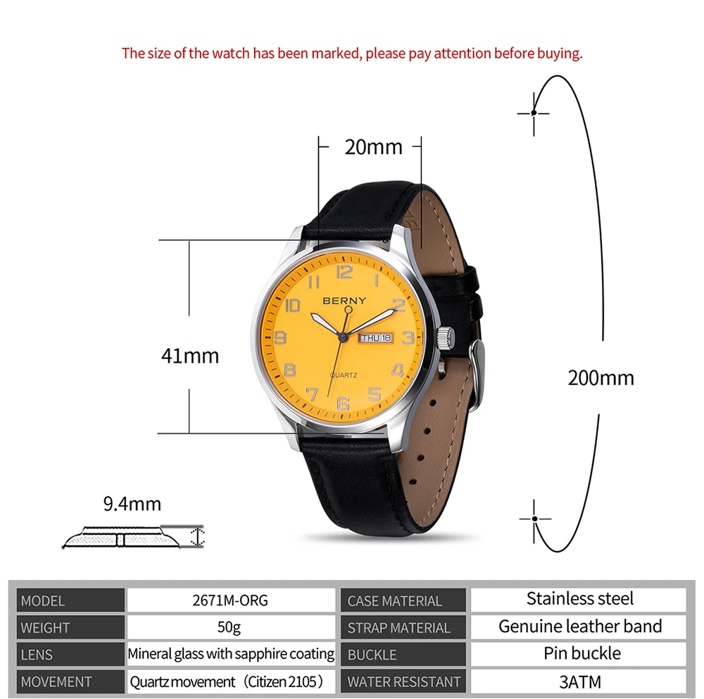 BERNY Men Quartz Watch Miyota 2105 Date Calendar Genuine Leather Classic 3ATM Waterproof Male Dress Business Wristwatch